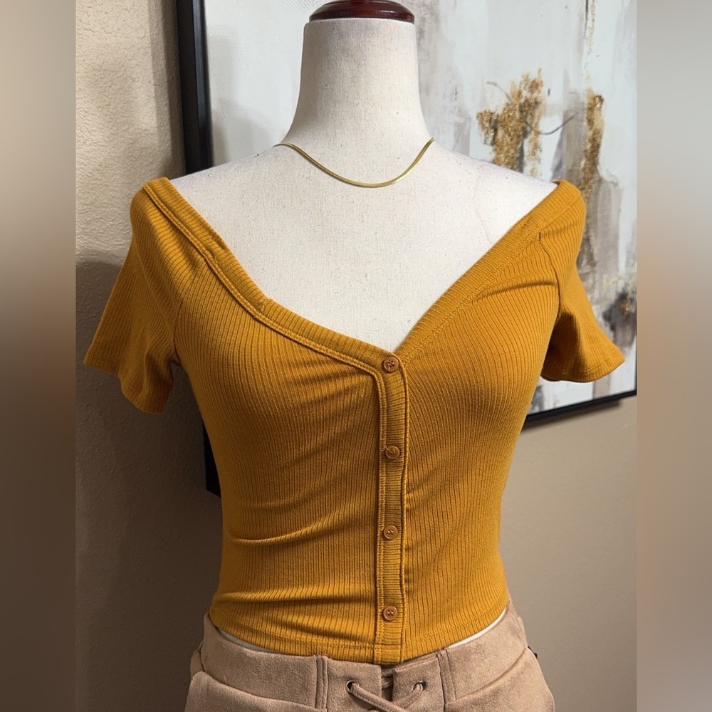 Mustard Off-Shoulder Button-Up Top - Picture 5 of 7
